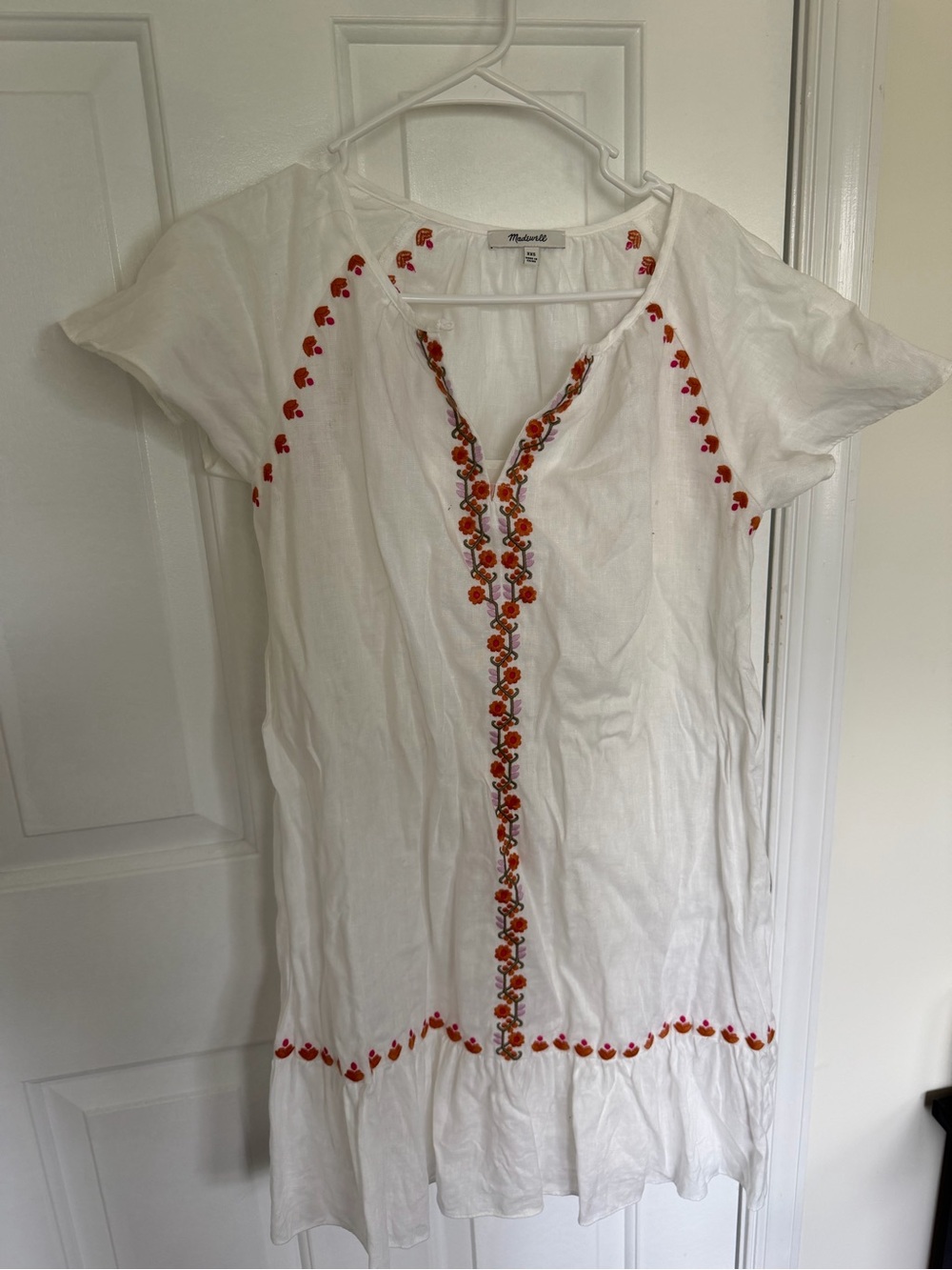 Madewell White Cotton Tunic Dress with Red and Orange Floral Embroidery